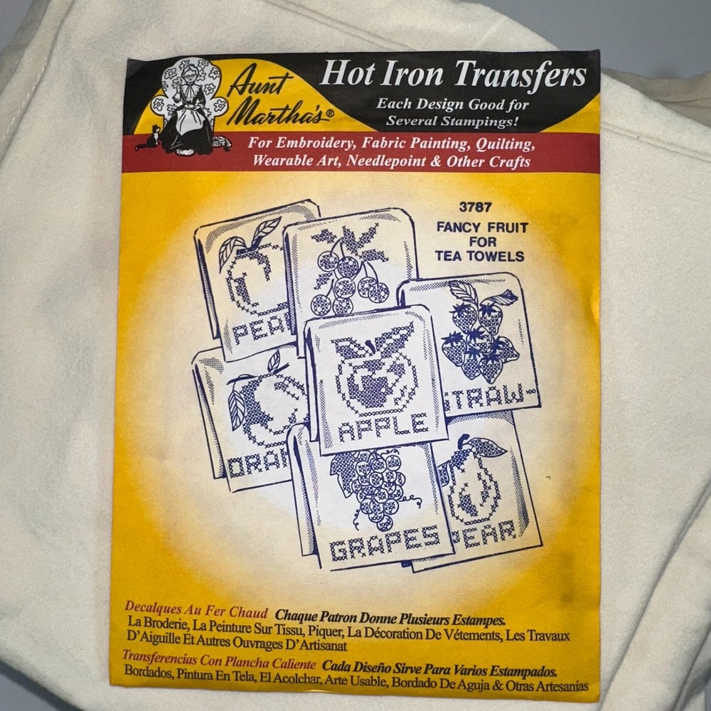 Set of 8 Tea Towels‎ and Two Aunt Martha's Hot Iron Transfer Designs to Stitch